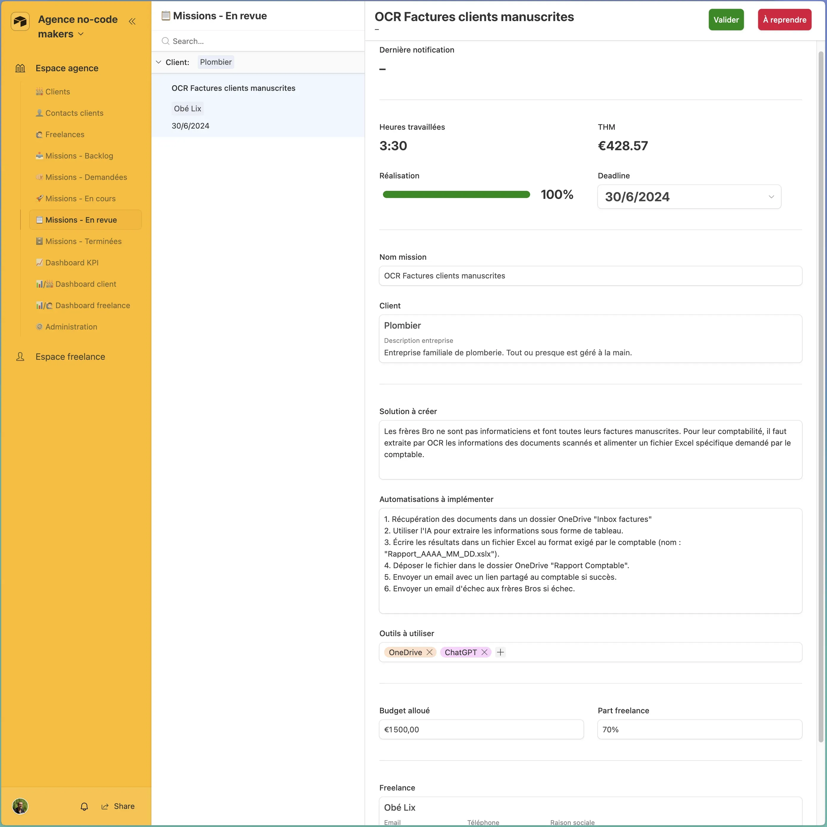 Espace Agence - vue missions en revue