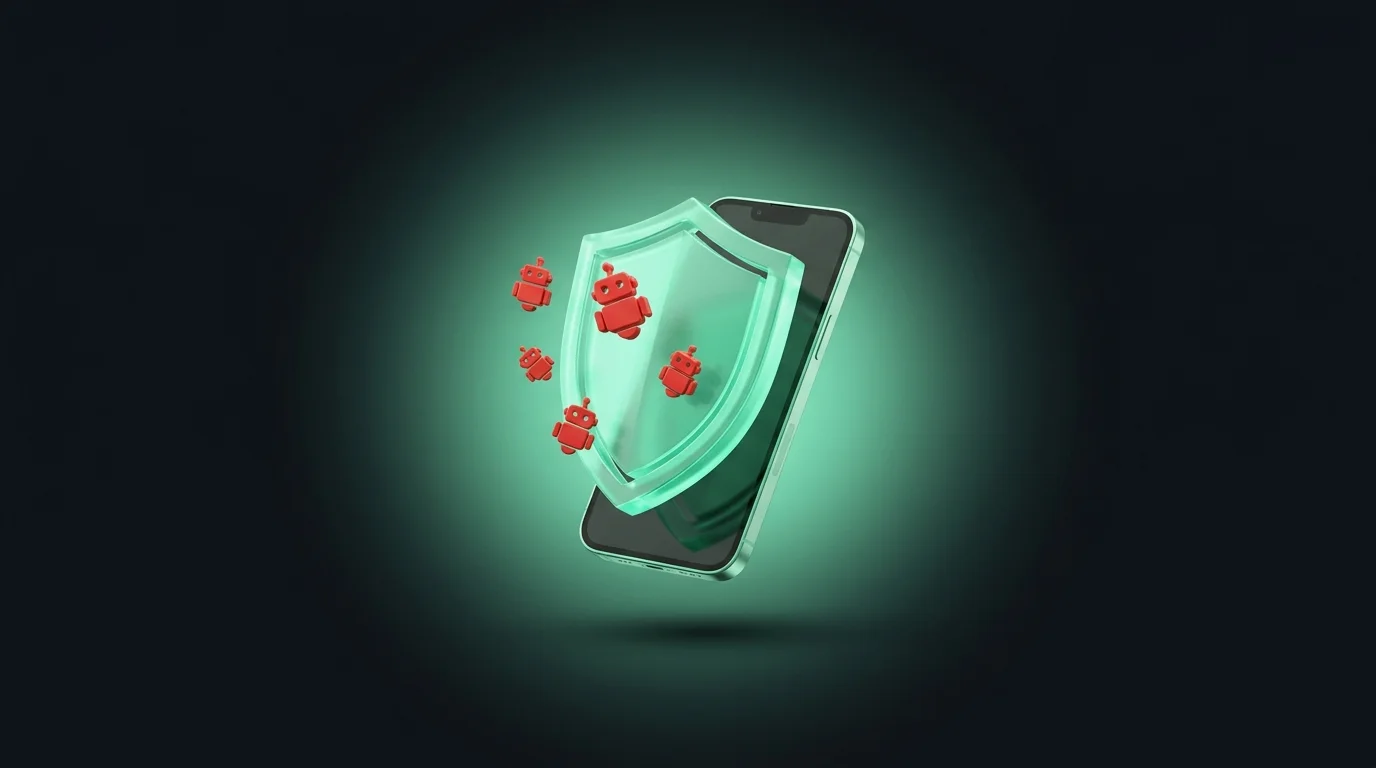 Glowing green shield deflecting red bot icons away from a smartphone, representing blocked invalid clicks on Google Ads