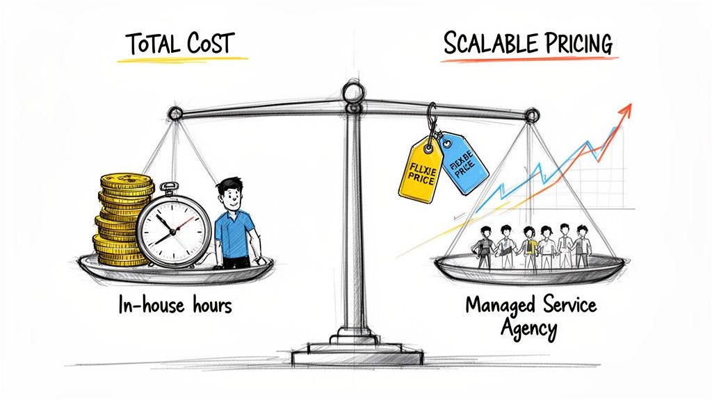 A balance scale weighing total in-house costs against scalable managed service agency pricing.