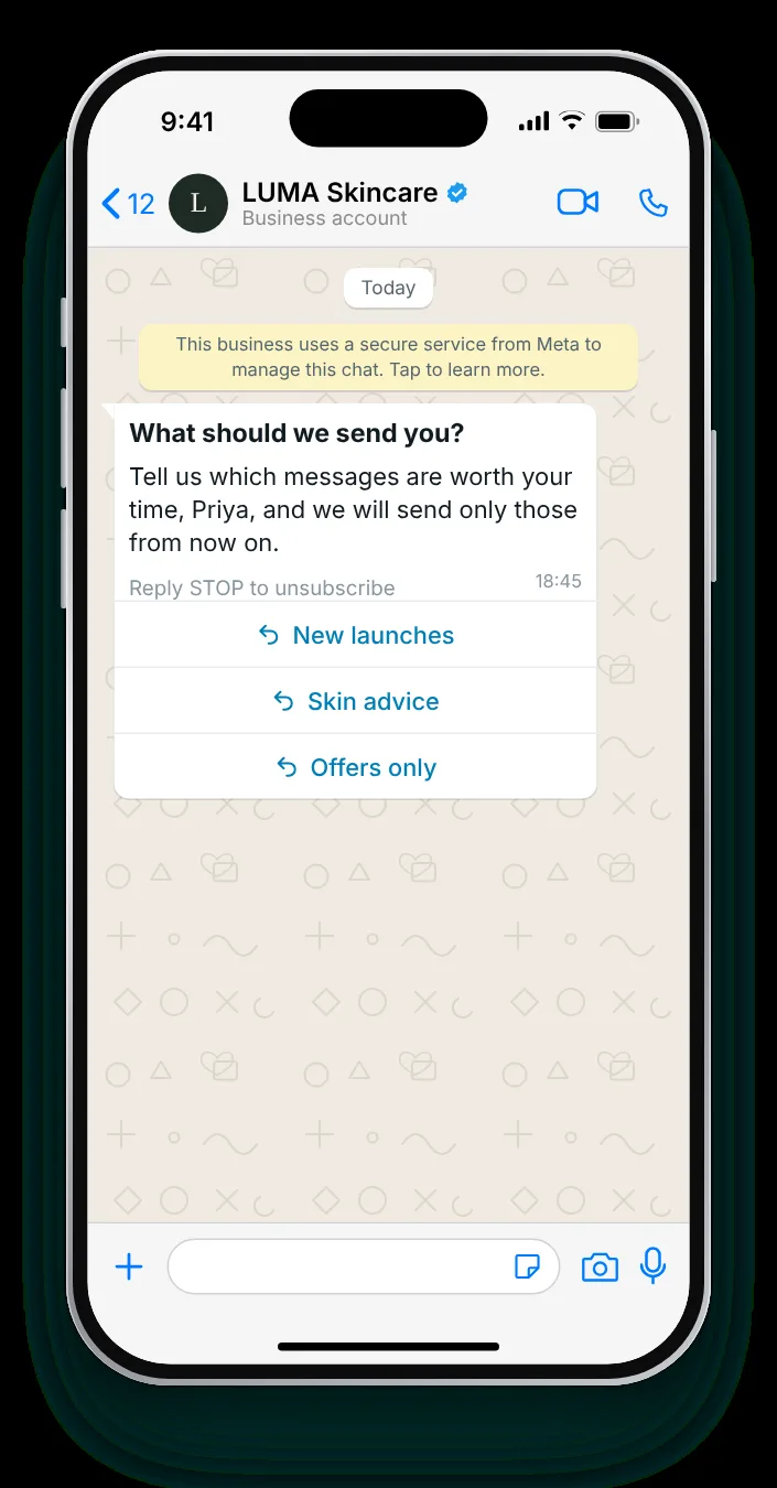 Only the subjects they care about: WhatsApp re-engagement message on an iPhone
