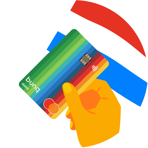 Illustration of a hand holding a bunq debit card overlaid on the Netherlands flag, representing bunq’s Dutch origins.