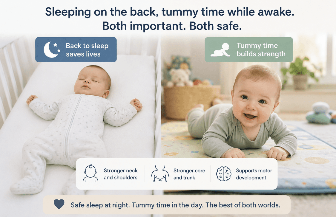 A baby sleeping safely on their back alongside a baby doing supervised tummy time while awake
