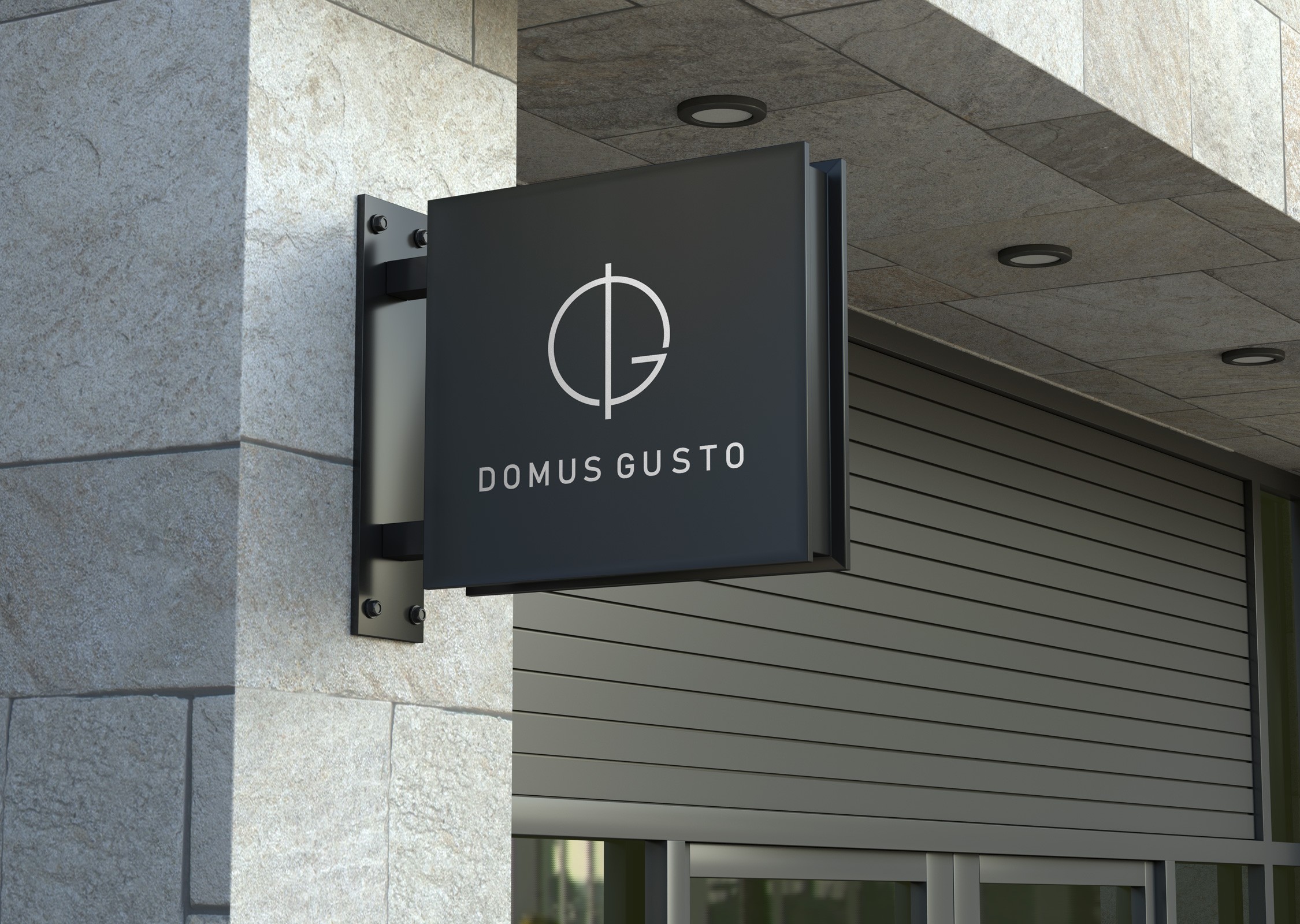 Office sign for Domus Gusto Properties in Mallorca in black with white logo