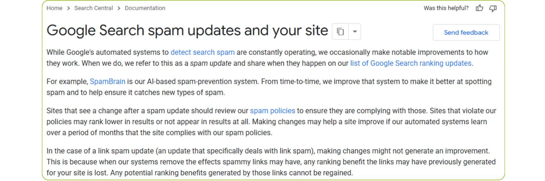 Google Search Central documentation page explaining spam updates and policy