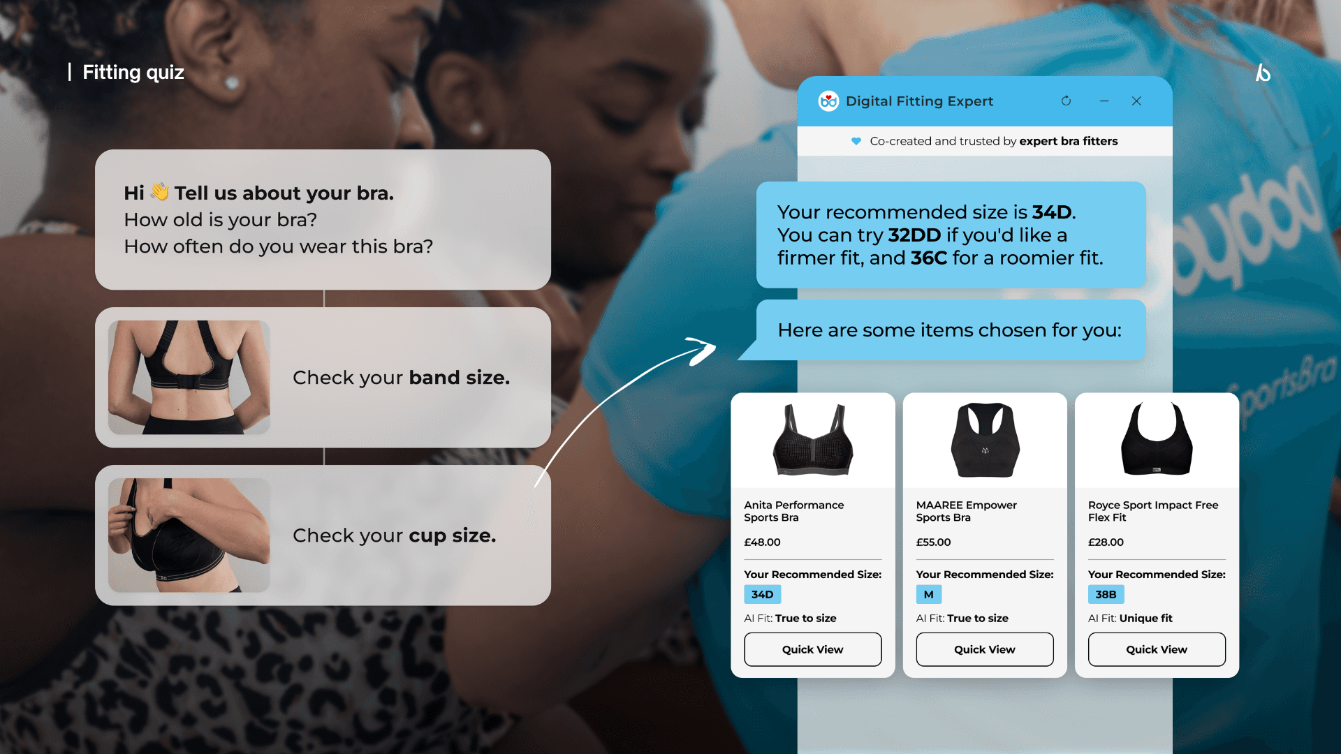 Brarista's fitting quiz on boobydoo’s site, guiding shoppers to their size using the fitting-by-eye method