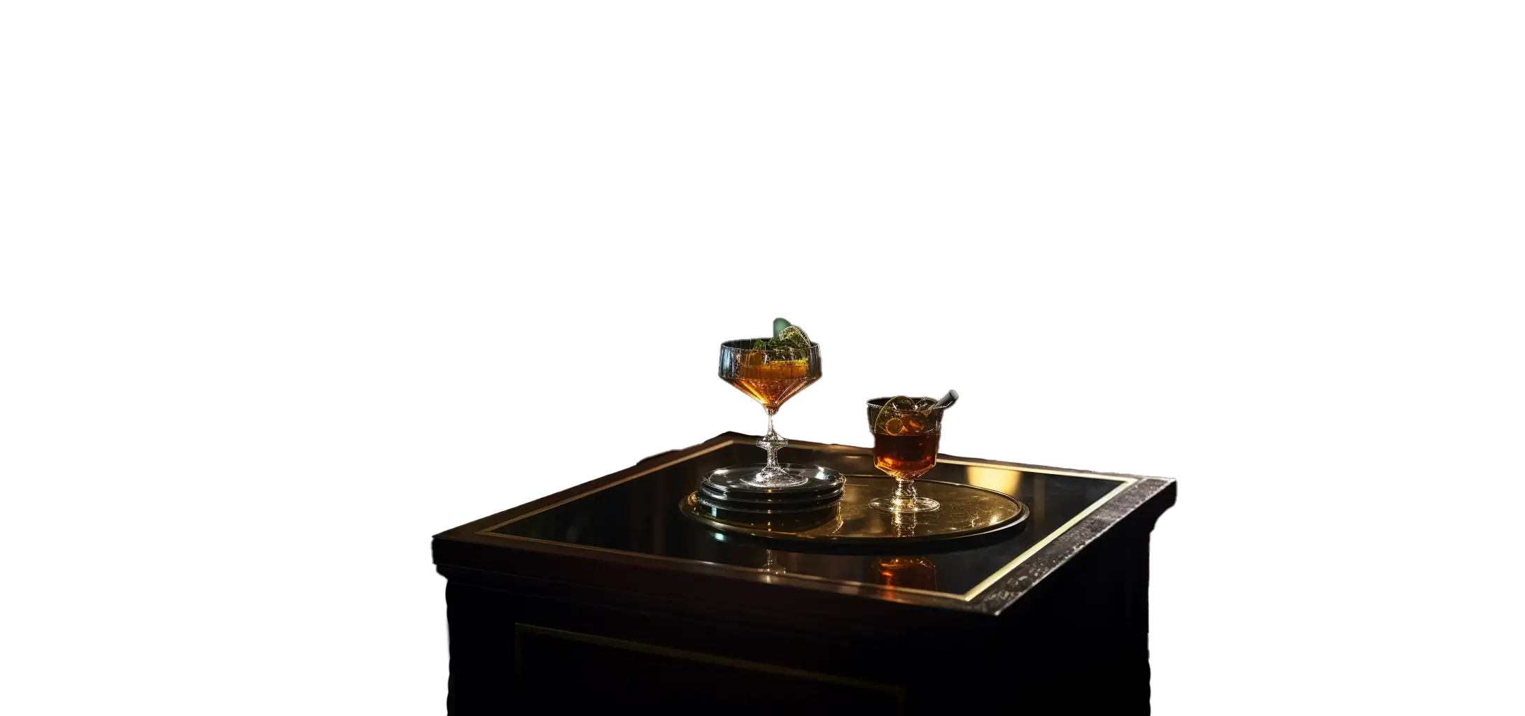 Two elegantly crafted cocktails sit on a dark, reflective table with a minimalist background, highlighting the sophisticated arrangement and inviting ambiance.