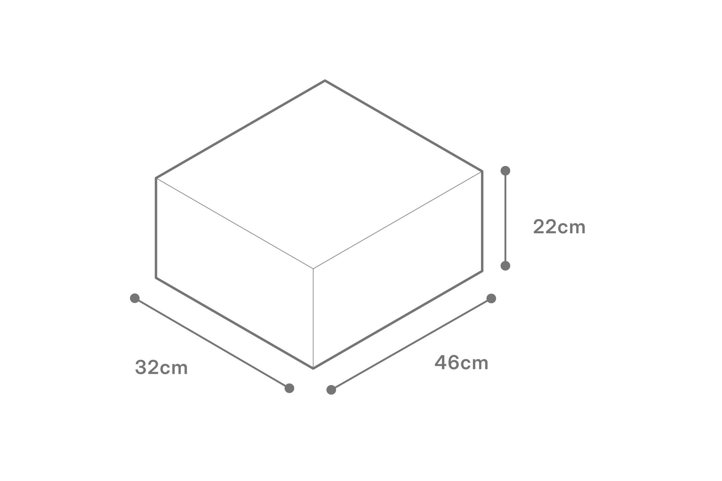 Illustration of shipping box dimensions for Oliver James luxury pool float — 46cm length, 32cm width, and 22cm height for elegant, compact packaging.