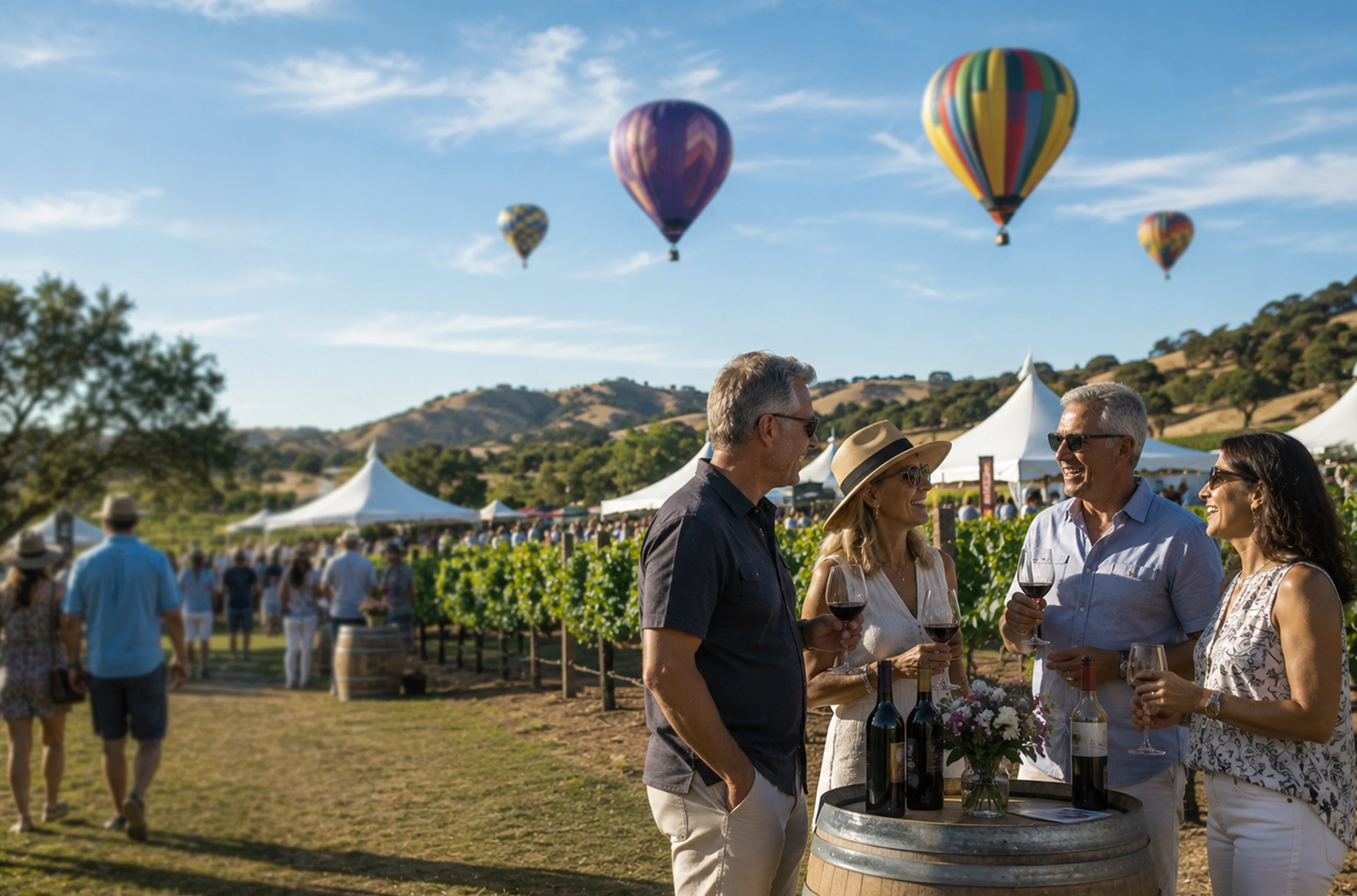 4 middle aged folks are drinking wine in a vineyard with a festival and hot air balloons are behind them
