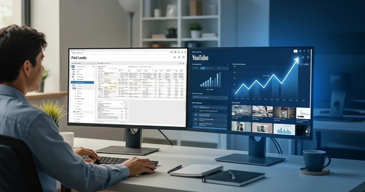 Real estate agent comparing lead generation costs and YouTube analytics on a dual monitor setup.