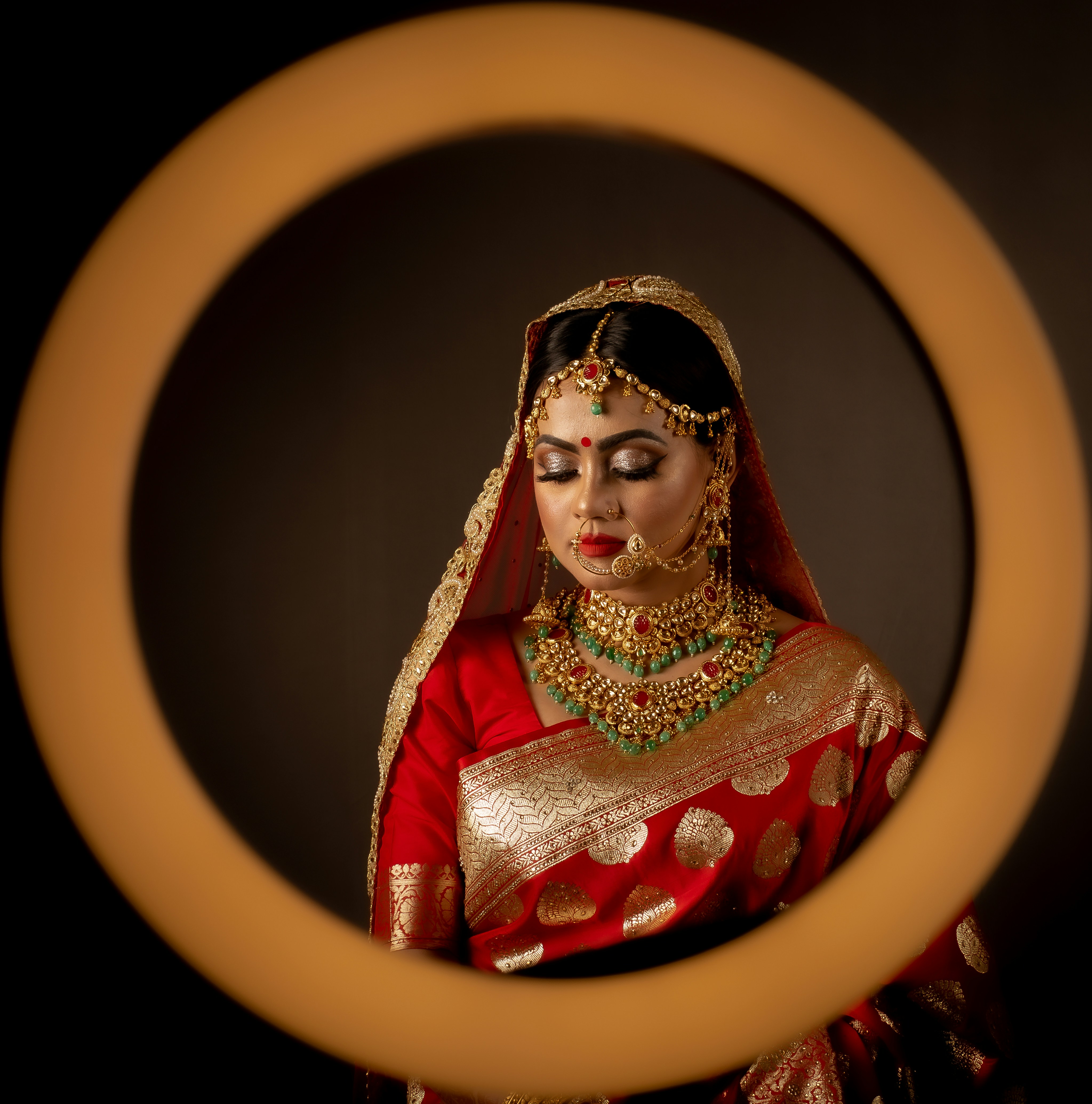 woman in red and gold dress