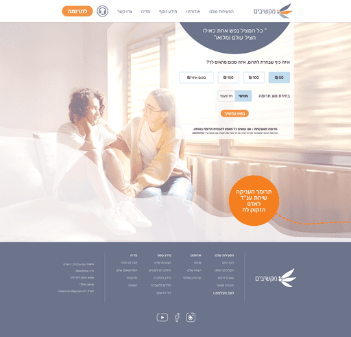 Donation screen showing impact feedback for a 50 NIS donation