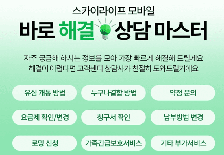 KT스카이라이프 모바일 '바로 해결 상담 마스터' 안내 이미지입니다. 유심 개통, 결합 방법, 약정 문의, 요금제 변경 등 주요 고객 지원 메뉴 9가지가 나열되어 있습니다.