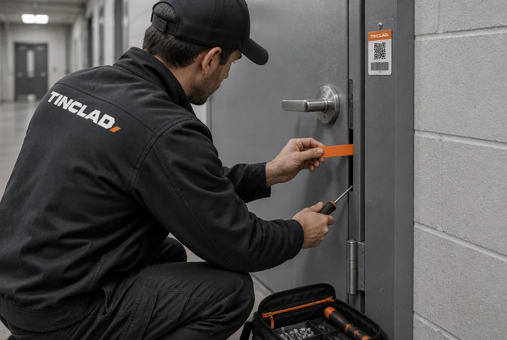 One Tinclad technician inspecting and repairing the same fire door.