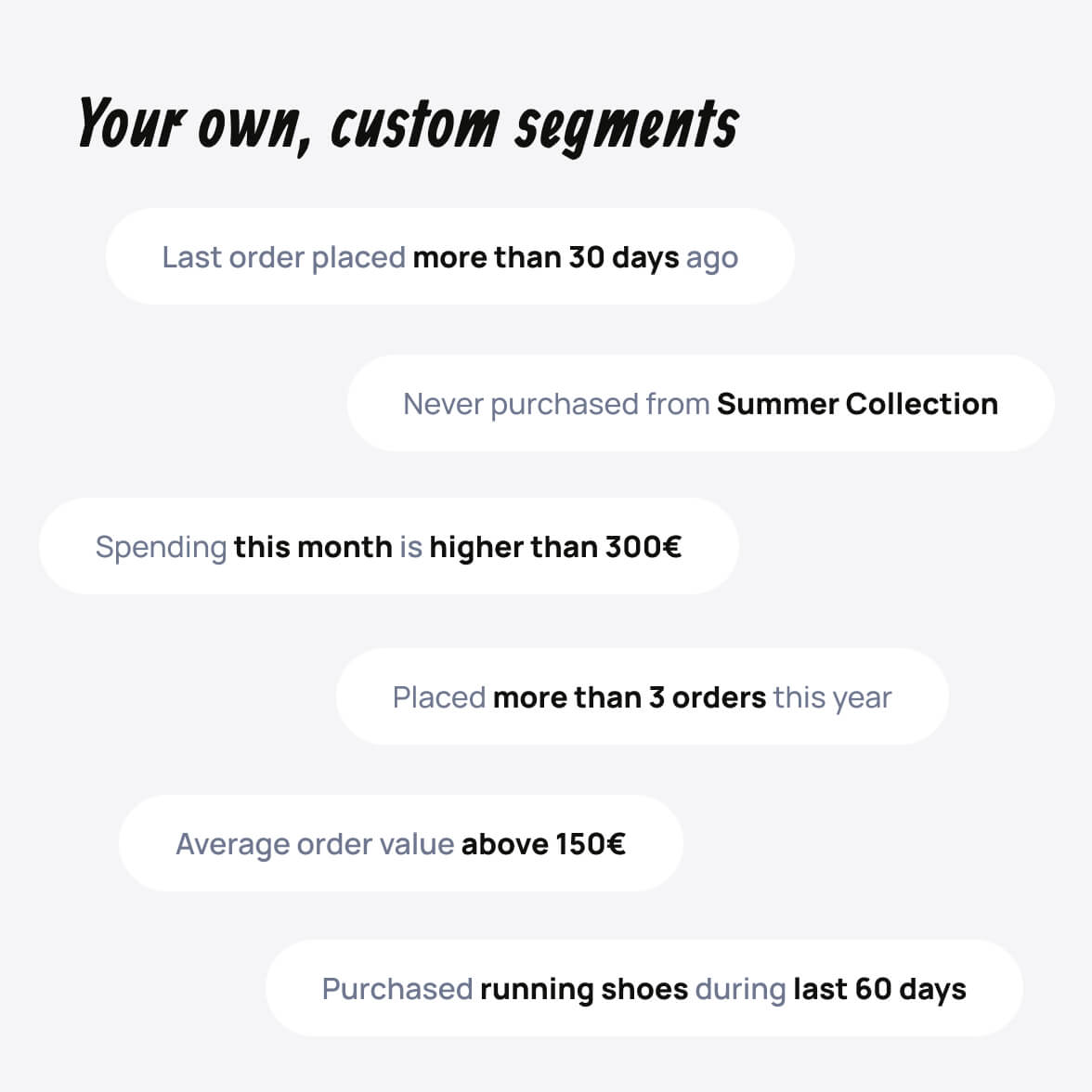 Visual showcasing custom VibeCart segments, that a VibeCart user can build right inside Dashboard