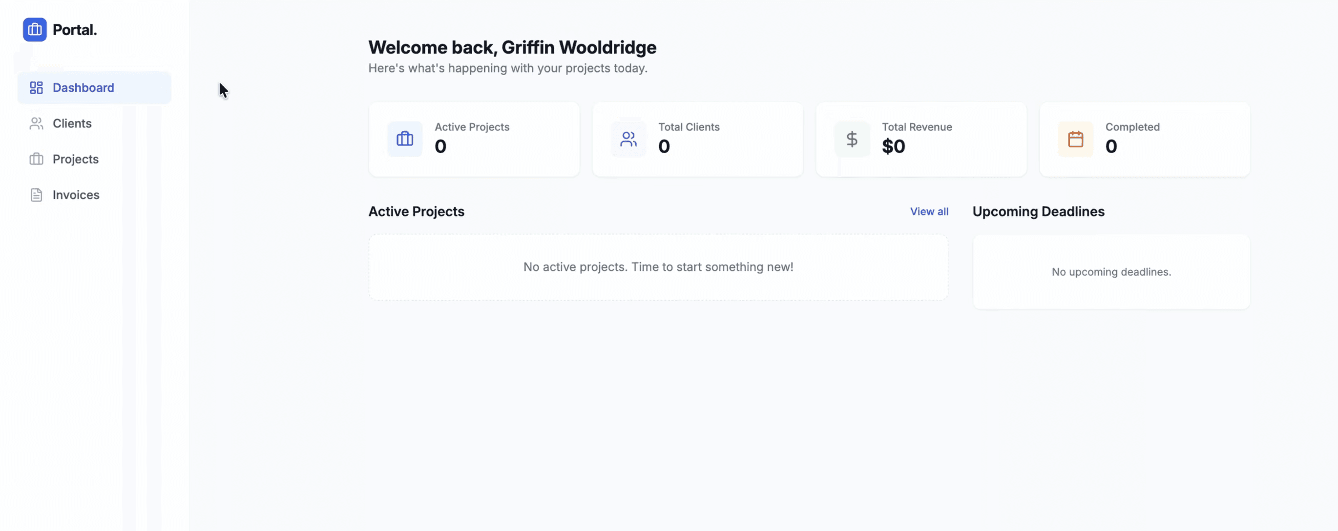 Freelance client portal first build with dashboard, client list, and invoice KPIs for outstanding and paid amounts