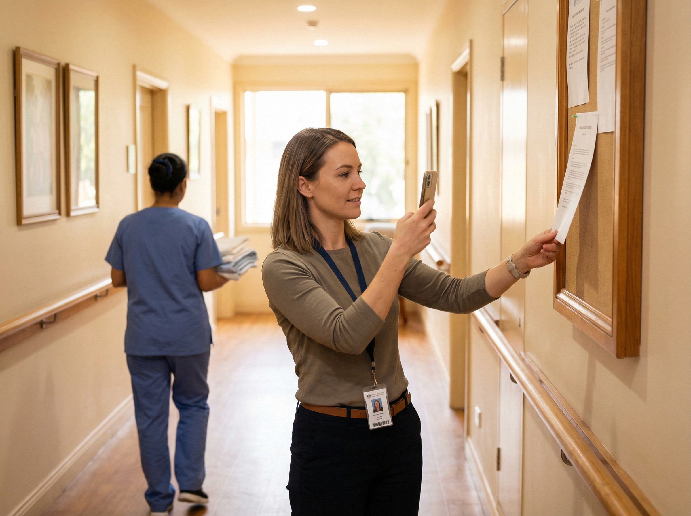 A safety officer in her early 30s standing in a well-lit corridor of a large aged care facility, using her phone to photograph a printed sign on a notice board — a workplace safety notice, a consultation schedule, or a policy update. She is holding the phone at a natural angle, one hand steadying the notice flat, her expression casual and task-oriented — this is a ten-second job, not a documentation project. Her lanyard and ID badge are visible. Behind her, an aged care worker in scrubs is walking past carrying linens, and the corridor has warm lighting and handrails.