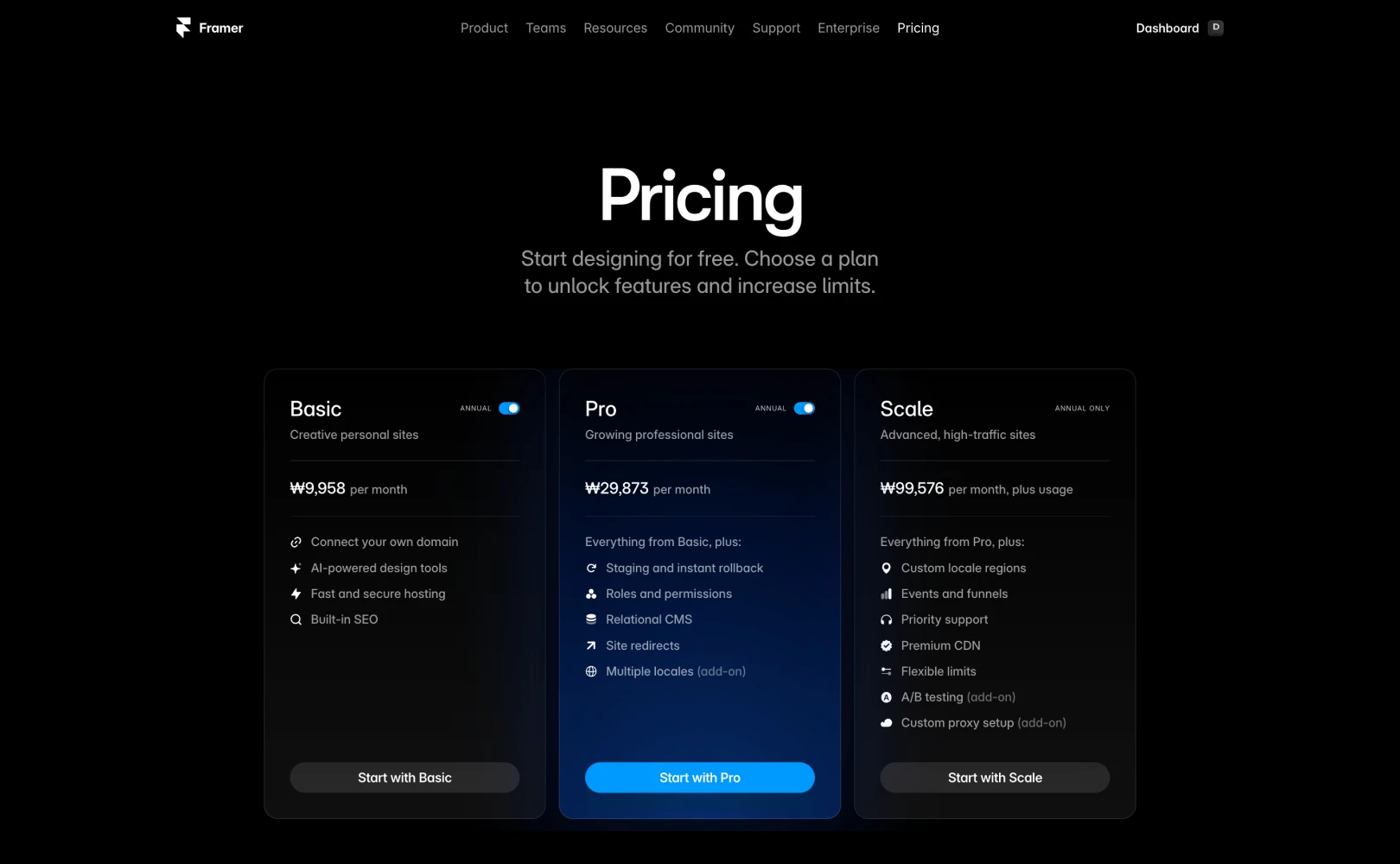 Framer의 Pricing Page 화면입니다.