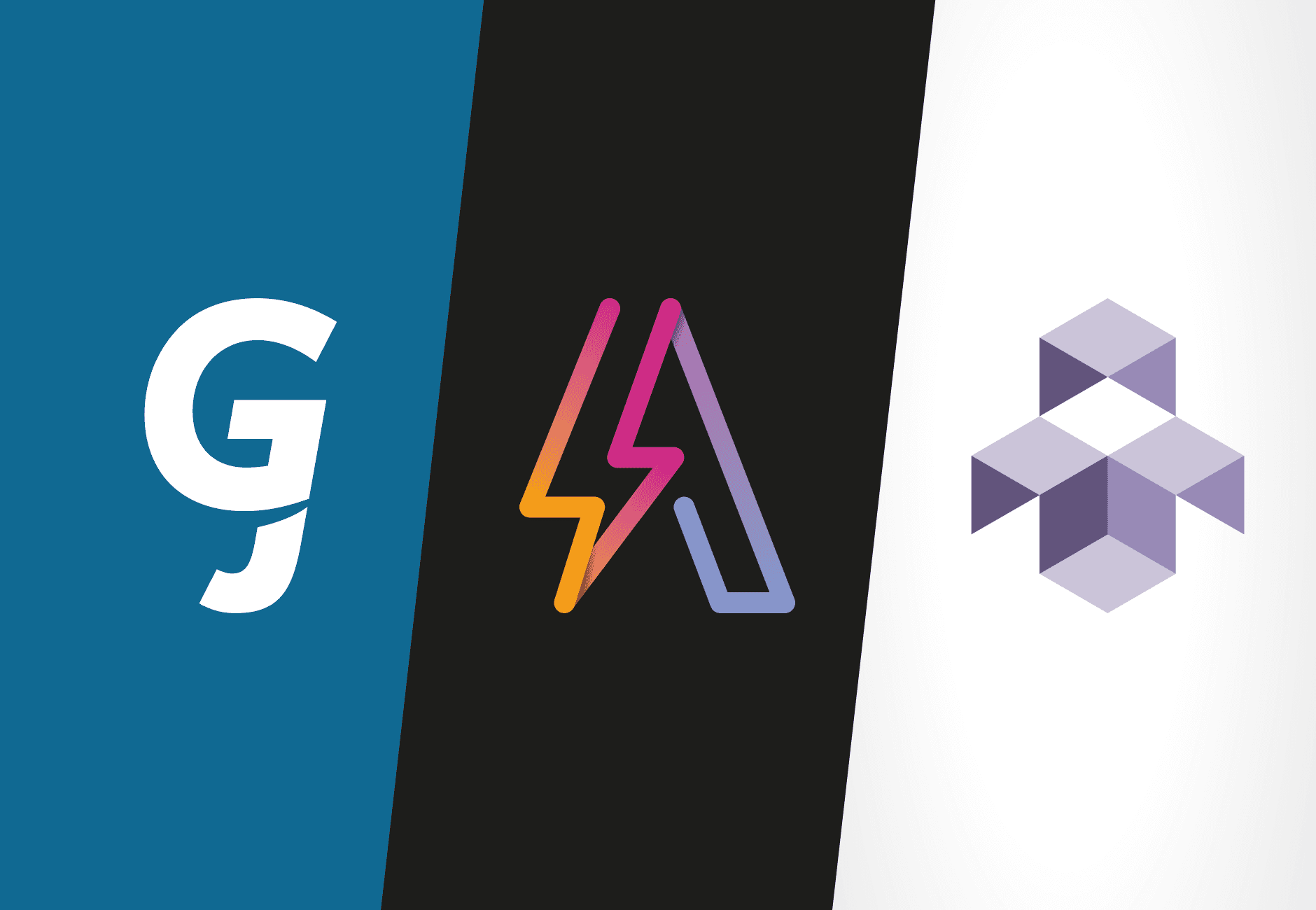 Dynamic diagonal collage of three distinct logo marks, including monogram and geometric designs, set against blue, black, and white backgrounds.