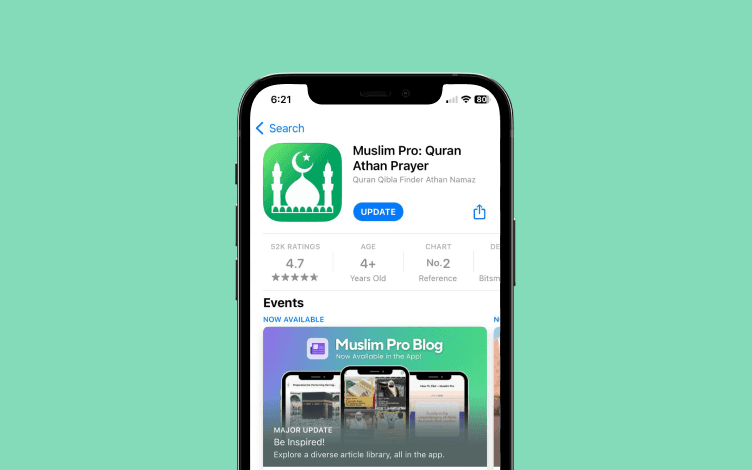 Muslim Pro App - Highly Rated with 4.4 Stars on Google Play and 4.3 Stars on the App Store.