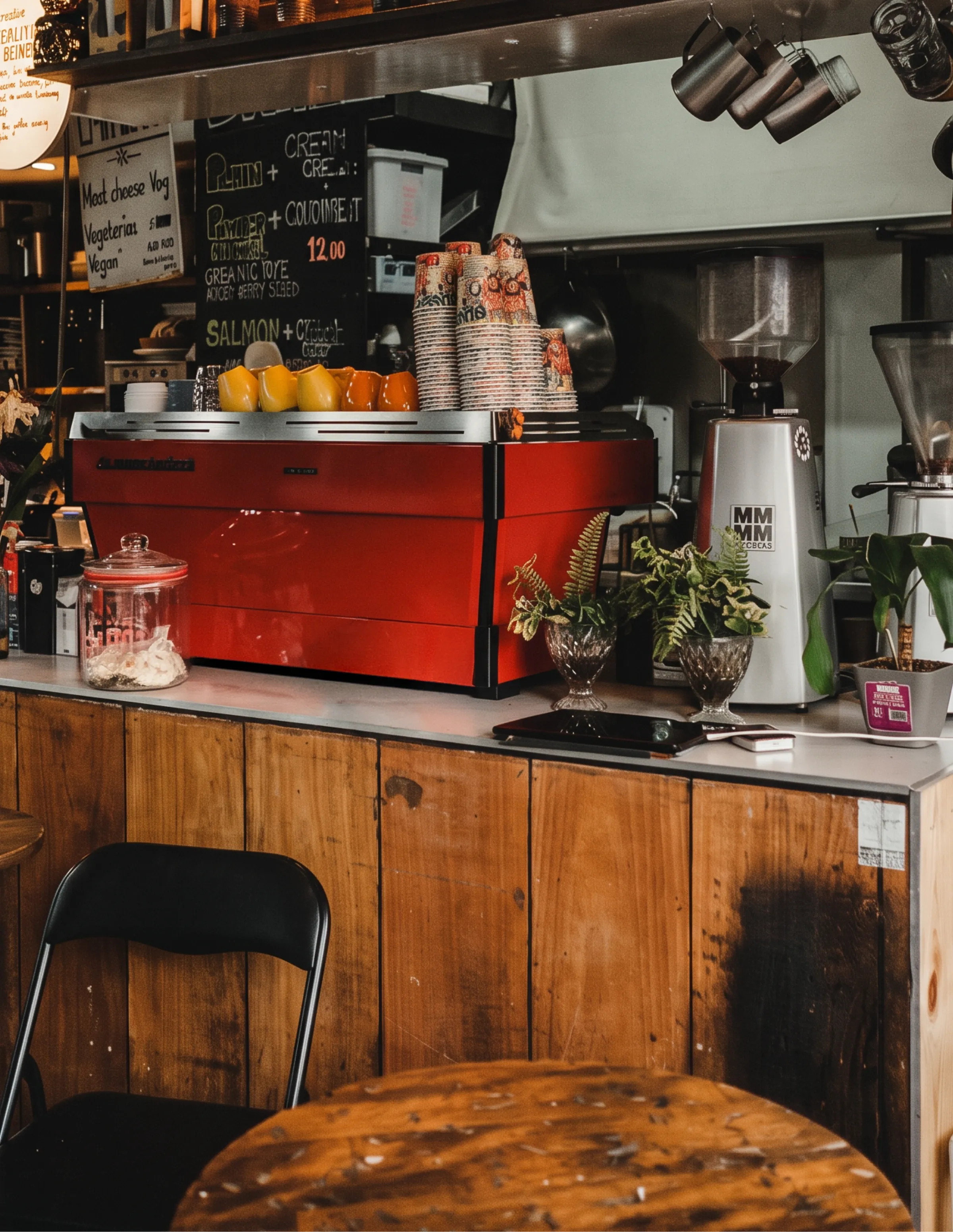 Interior of Coffee Creative showing chalkboard menu and red espresso machine