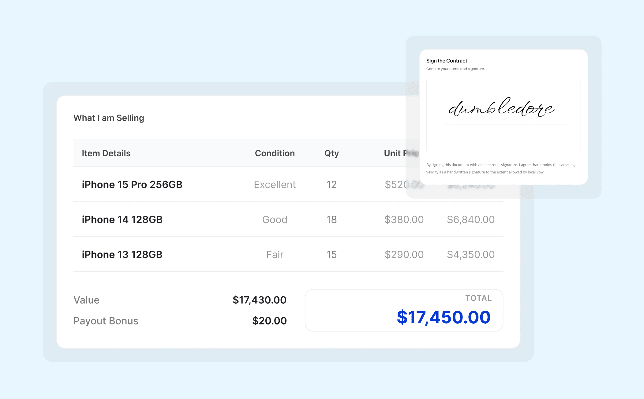Bulk device trade-in quote showing several iPhone models and quantities alongside an electronic contract signing step.