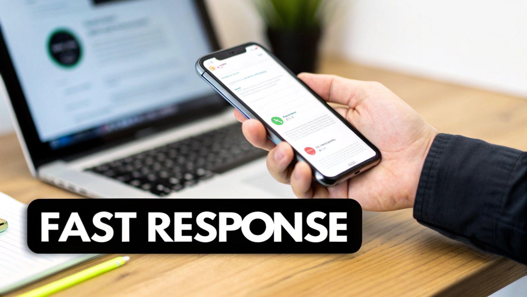 A hand holding a smartphone showing an application, with a laptop in the background and 'FAST RESPONSE' text overlay.