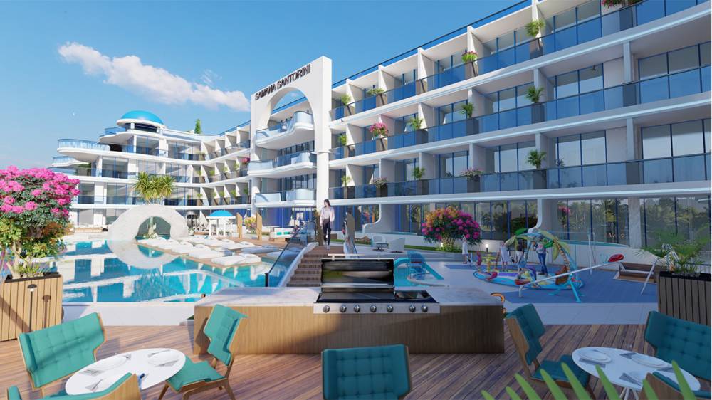 Visual depiction of the pool and resort area at Samana Santorini, highlighting elegant design and inviting atmosphere.