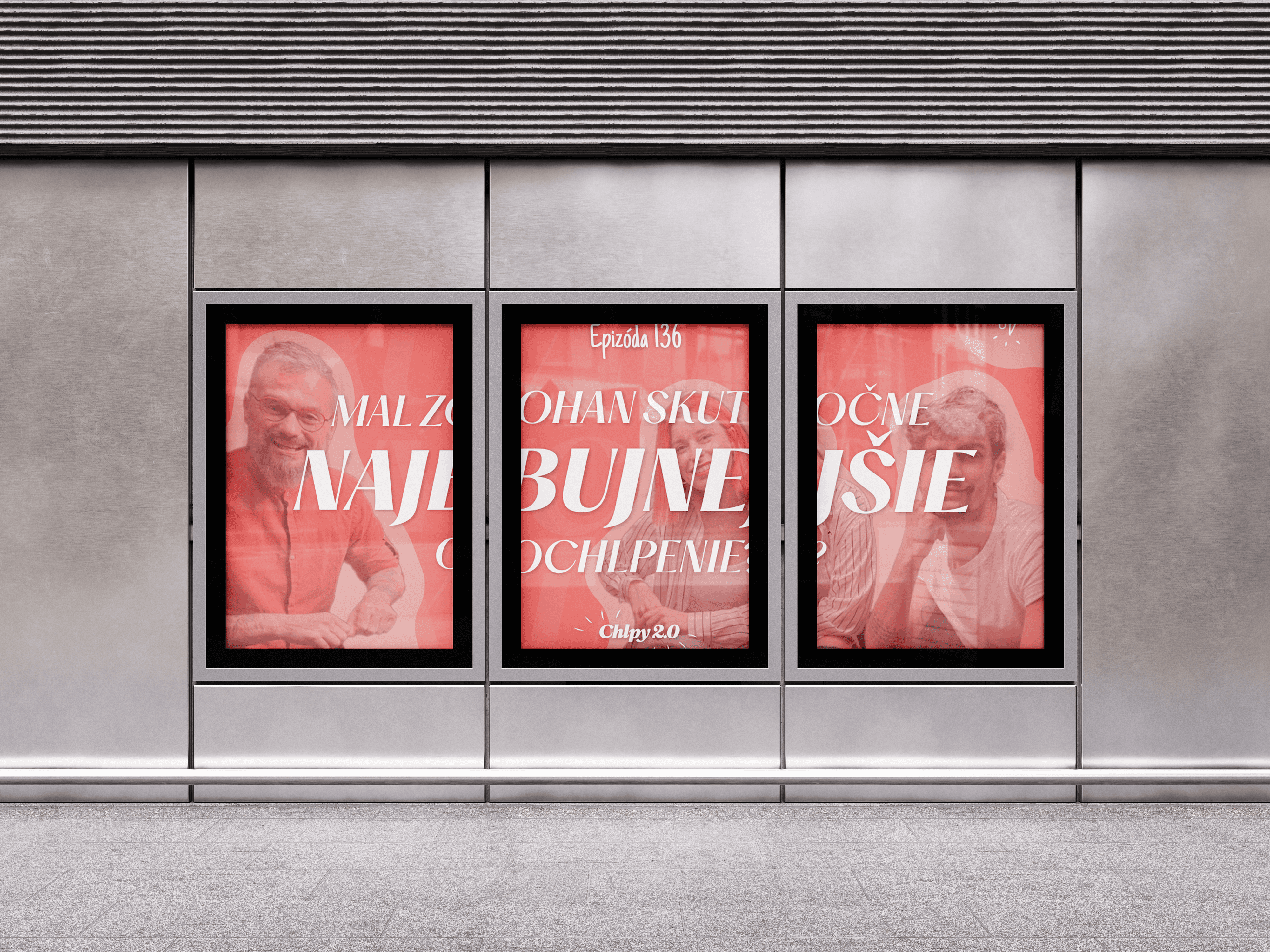Three red posters displayed on a gray wall, featuring bold white text and graphics.