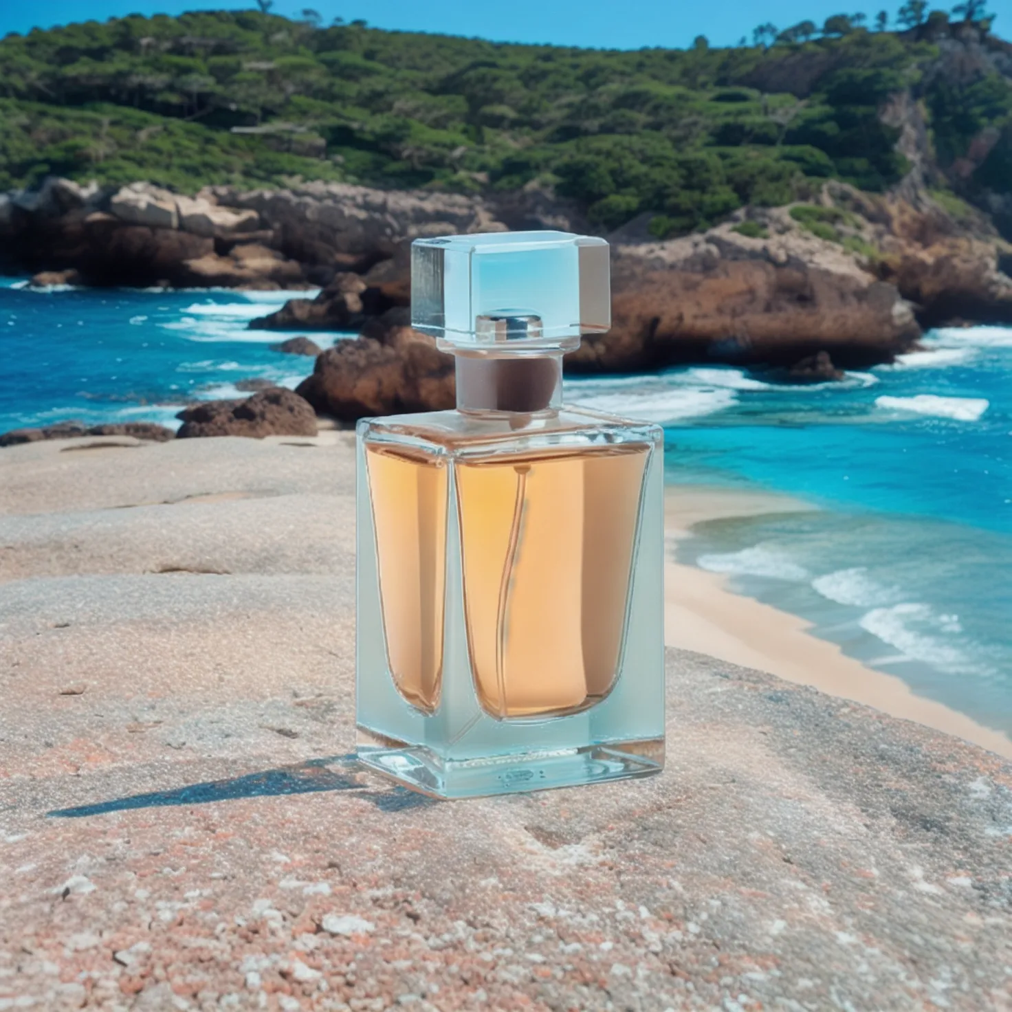 Perfume bottle on a beach in a beatiful sunny day. Generated with AI.