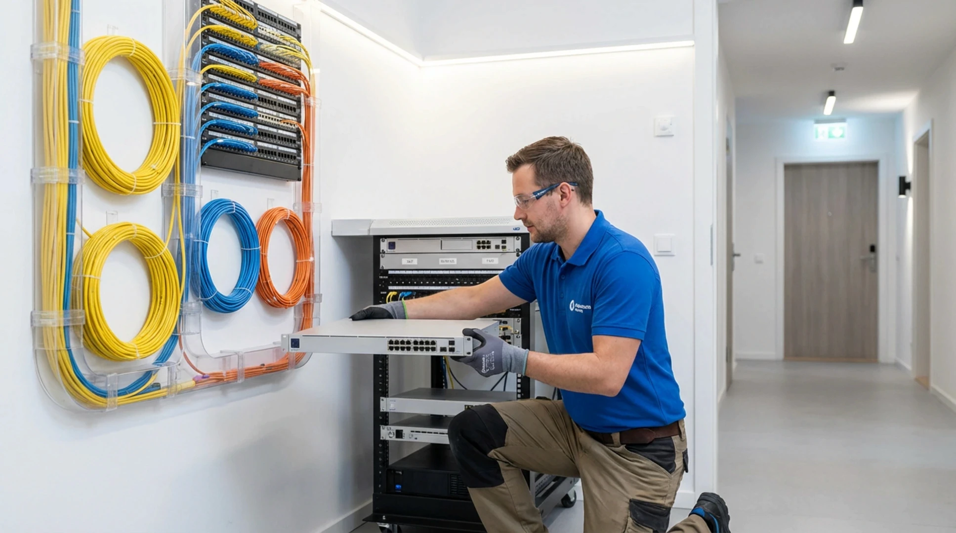 Fiber optic cable installation in apartment building utility room for bulk Wi-Fi infrastructure