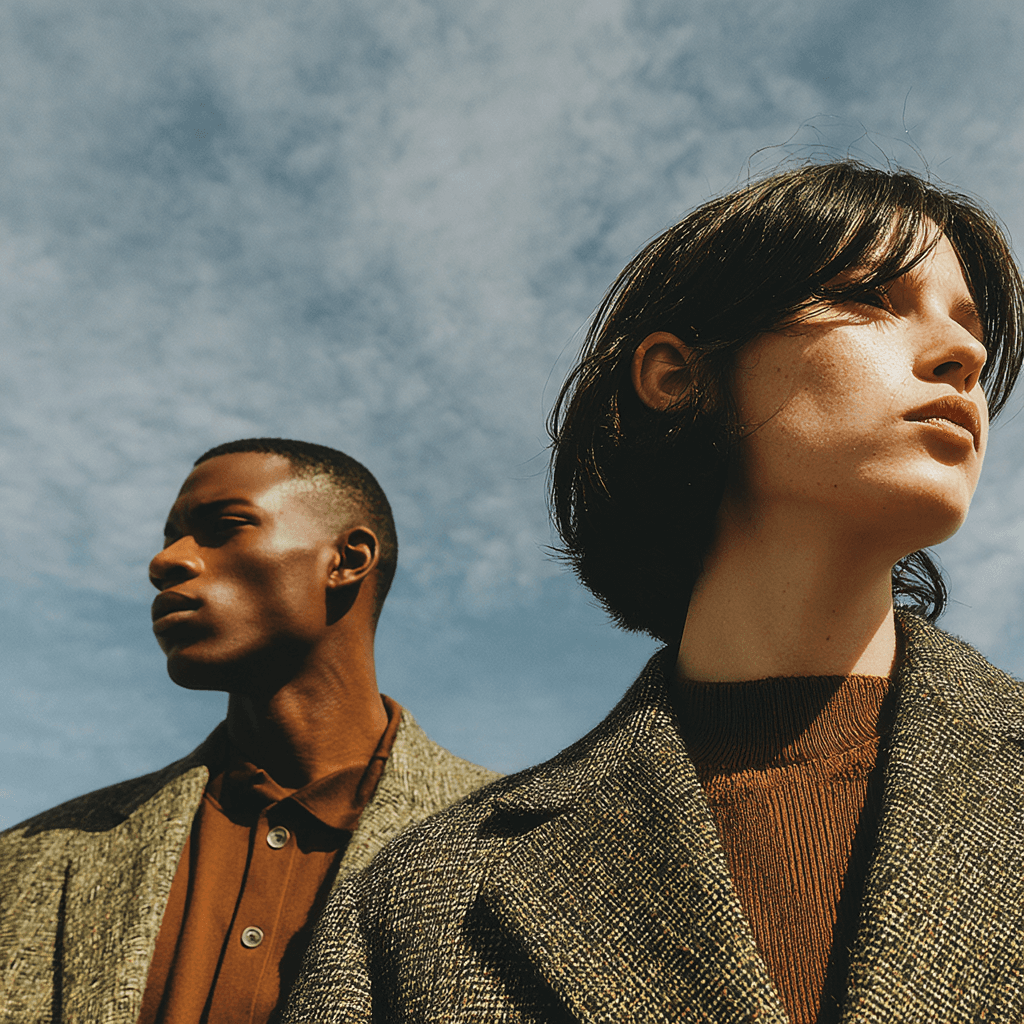 Two diverse individuals in stylish tweed jackets gaze thoughtfully towards the horizon under a vast blue sky, embodying.