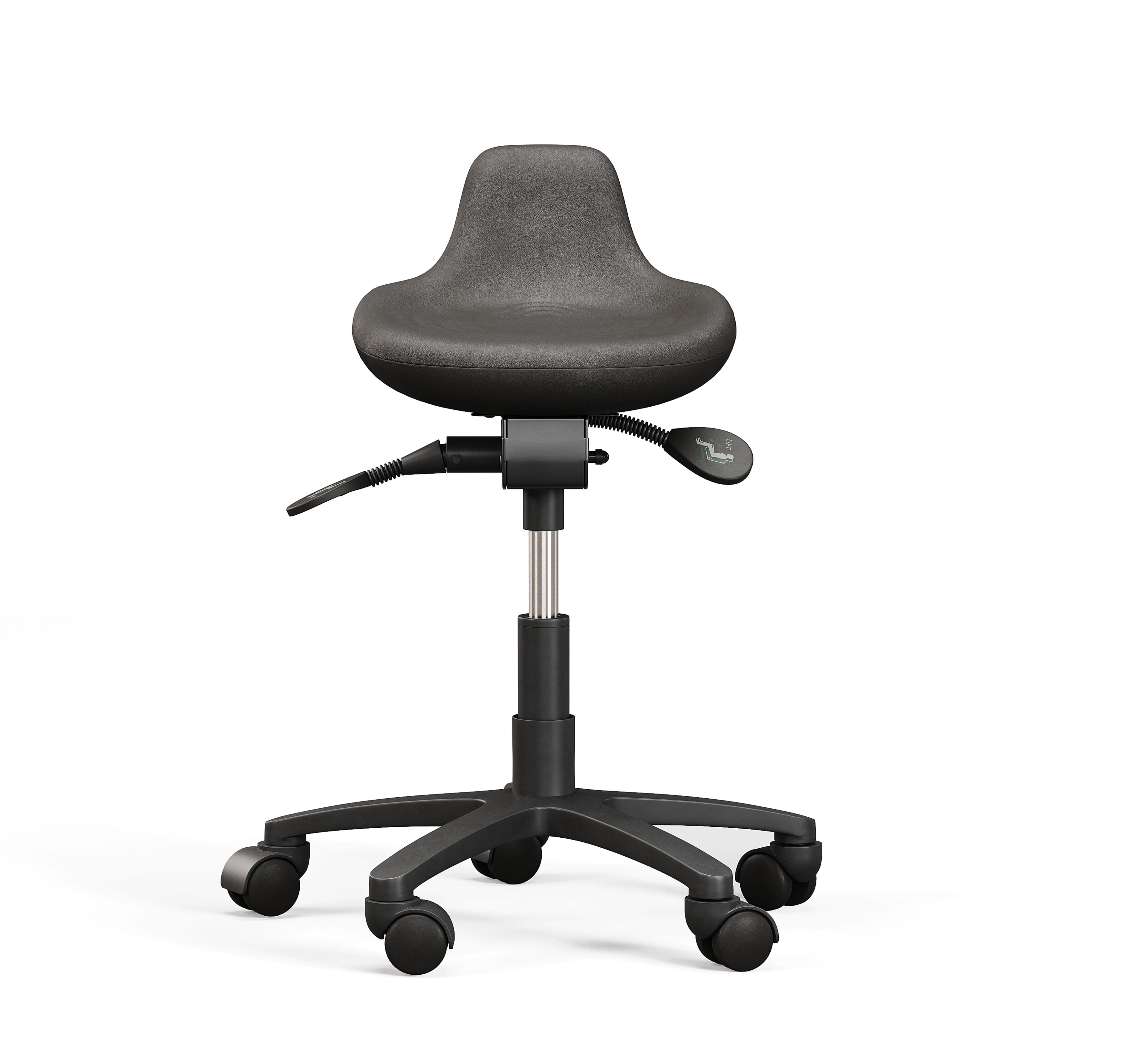 Front view of adjustable stool with contoured seat and wheeled base