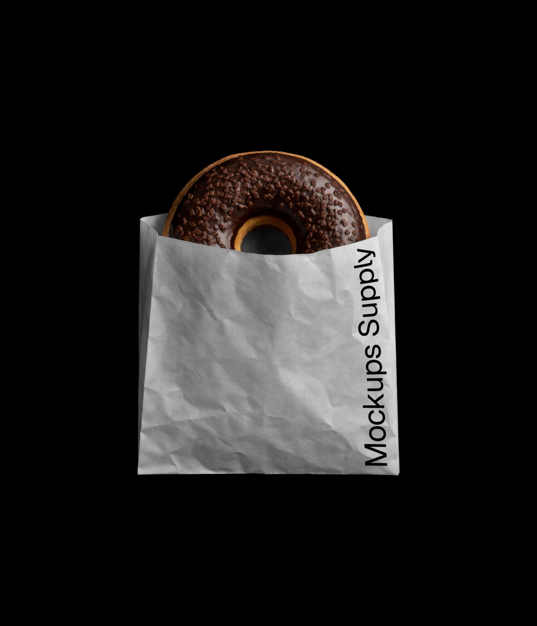 Chocolate donut in white paper bag mockup on black background with editable design photoshop PSD template for bakery branding