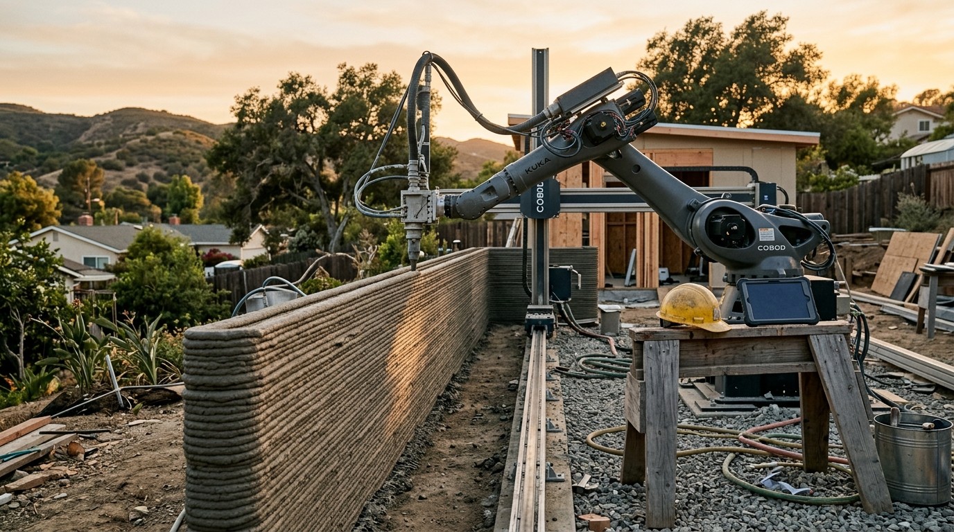 Builtech Construction Group - robotic arm concrete 3d printer construction site dusk