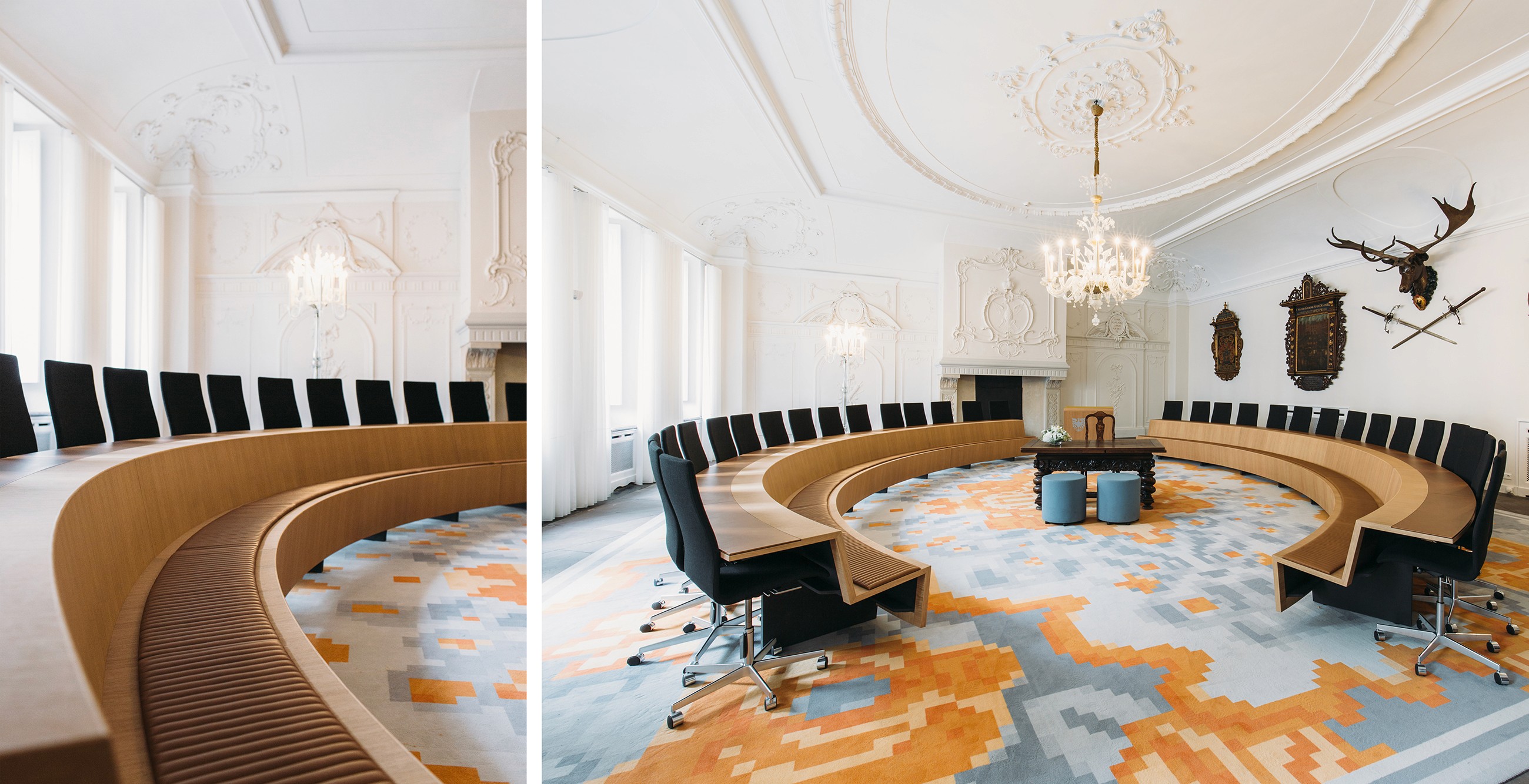 Interior photo of one of the meeting rooms inside the historical buildings connecting the city hall
