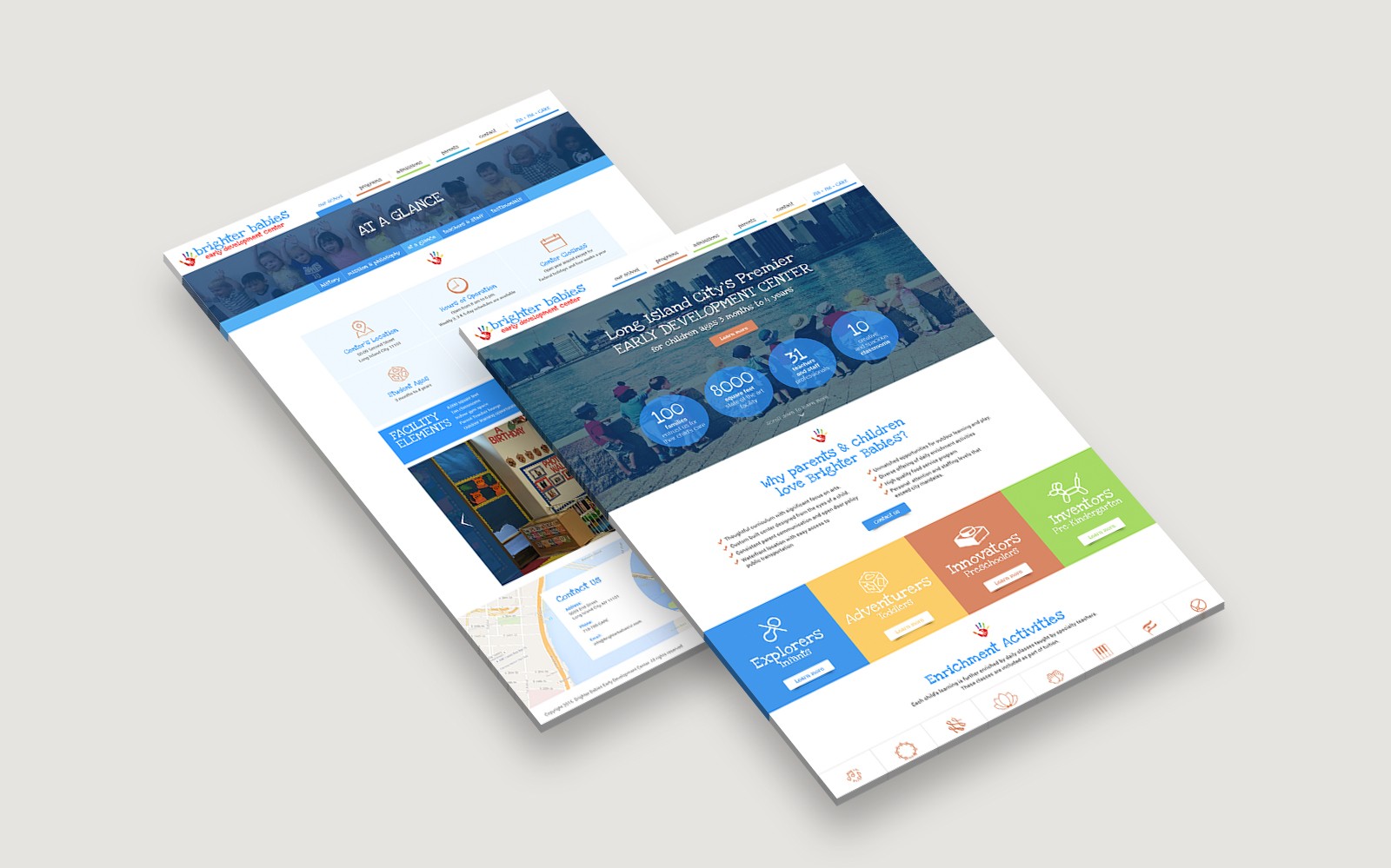 Overhead view of Brighter Babies Early Development Center website layout showing programs and colorful design.