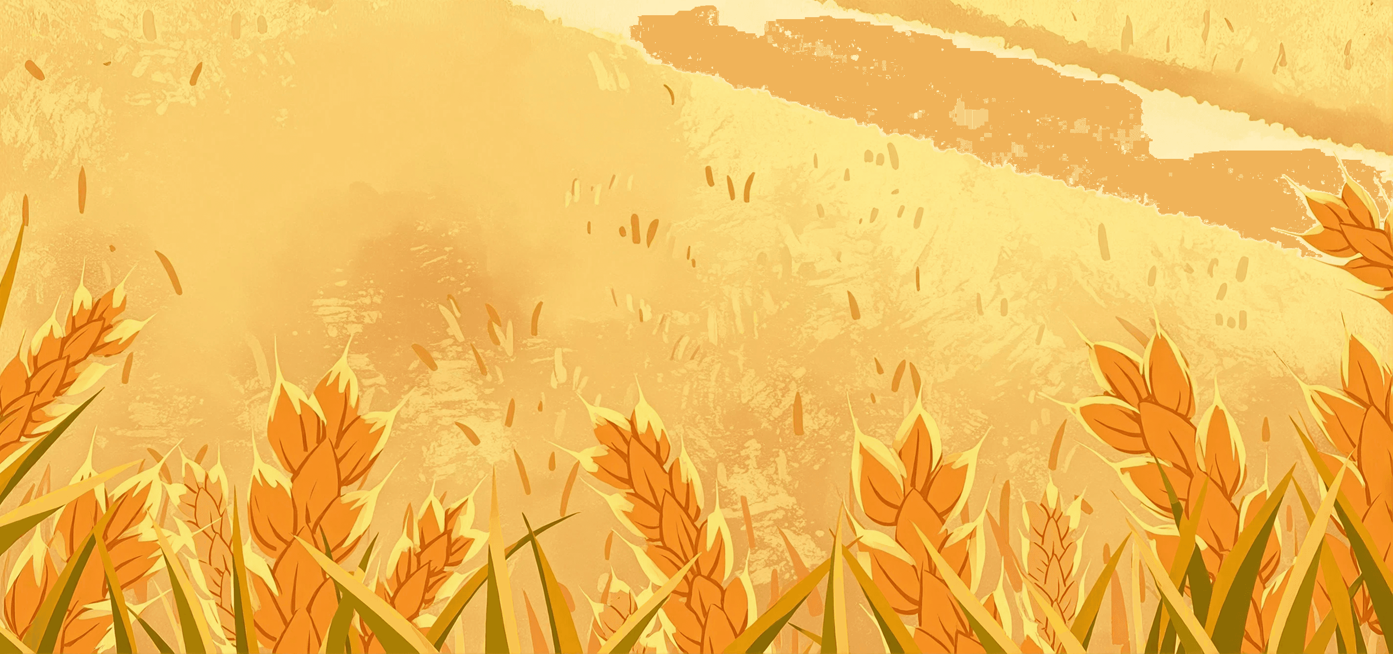 Illustrated field of golden wheat under a warm hazy sky