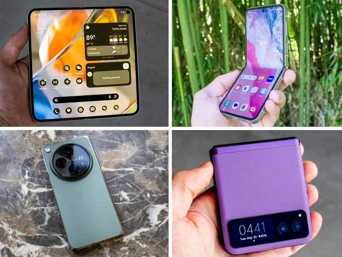 Various modern foldable smartphones including book-style and clamshell designs shown open and closed in different settings.