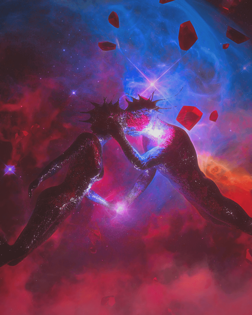 Figure dissolving into a cosmic nebula. AI artwork