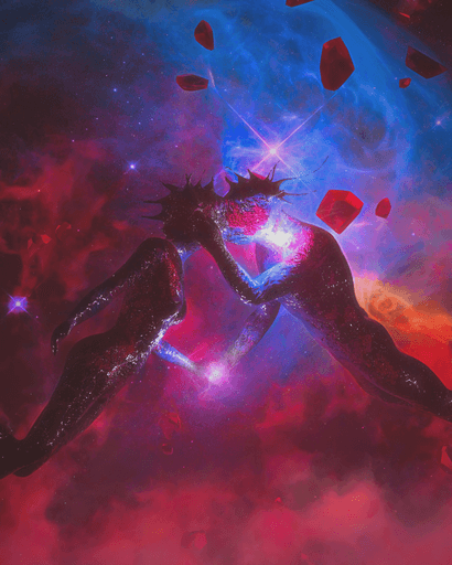 Figure dissolving into a cosmic nebula. AI artwork
