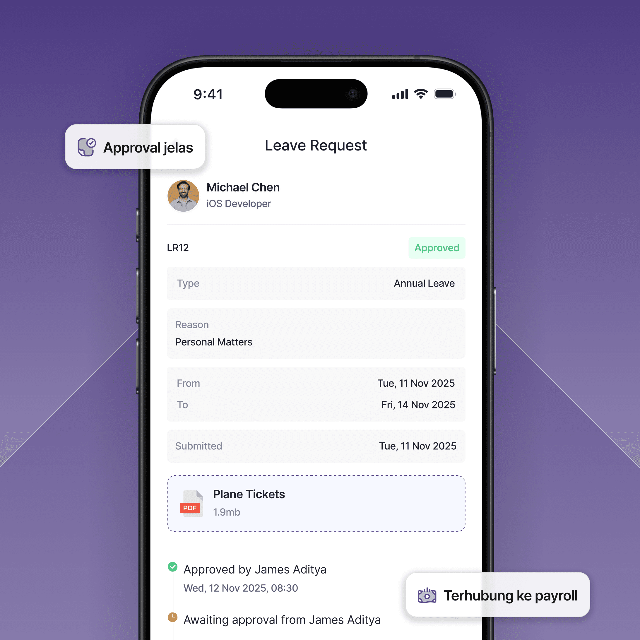 Form pengajuan cuti online Absenly dengan fitur pilih tanggal dan unggah dokumen pendukung.