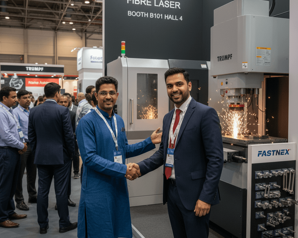 A manager and German tooling supplier shaking hands at fiber laser booth B101 Hall 4, gesturing to servo press demo behind, diverse Indian-international professionals with lanyards, warm industrial lighting, authentic B2B deal amid FASTNEX fasteners racks
