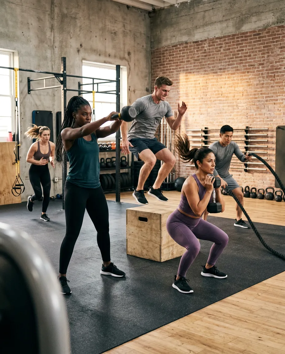Diverse group of adults performing various exercises in a gym.
