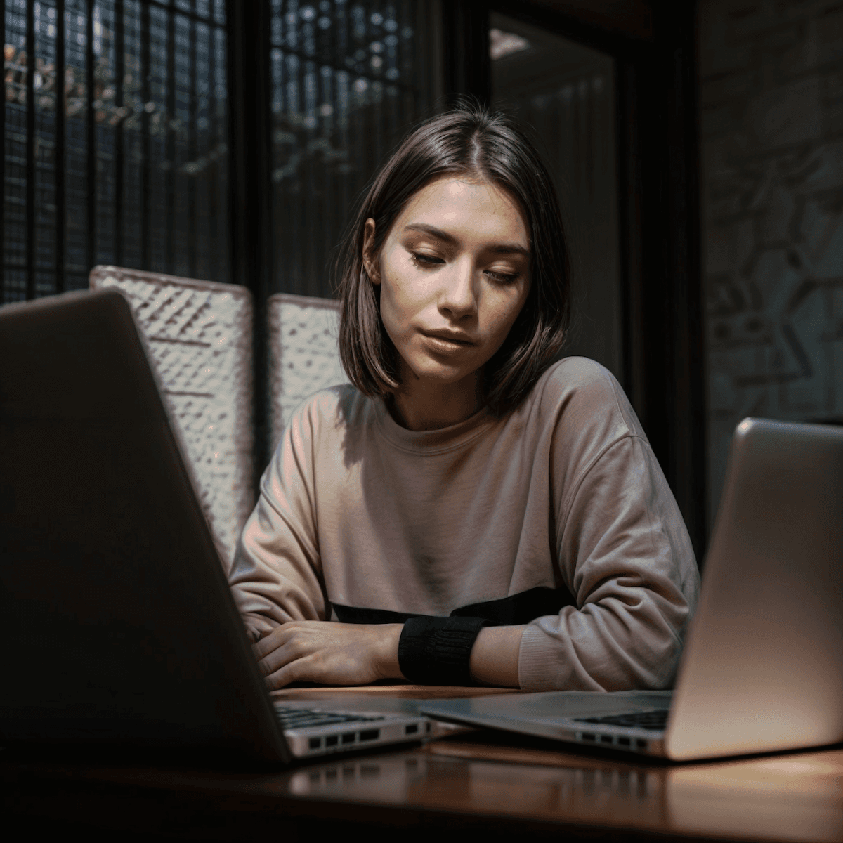 A young woman sits at a desk with two laptops, looking contemplative in a dimly lit room.