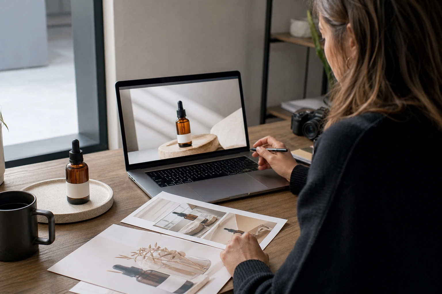 A growth marketer at a desk with a product bottle, a laptop showing a product photo, and printed ad mockups for testing ad variations