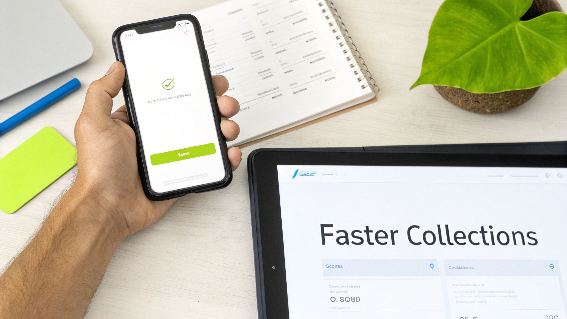 A hand holds a smartphone showing a 'Saved' confirmation, next to a tablet displaying 'Faster Collections'.