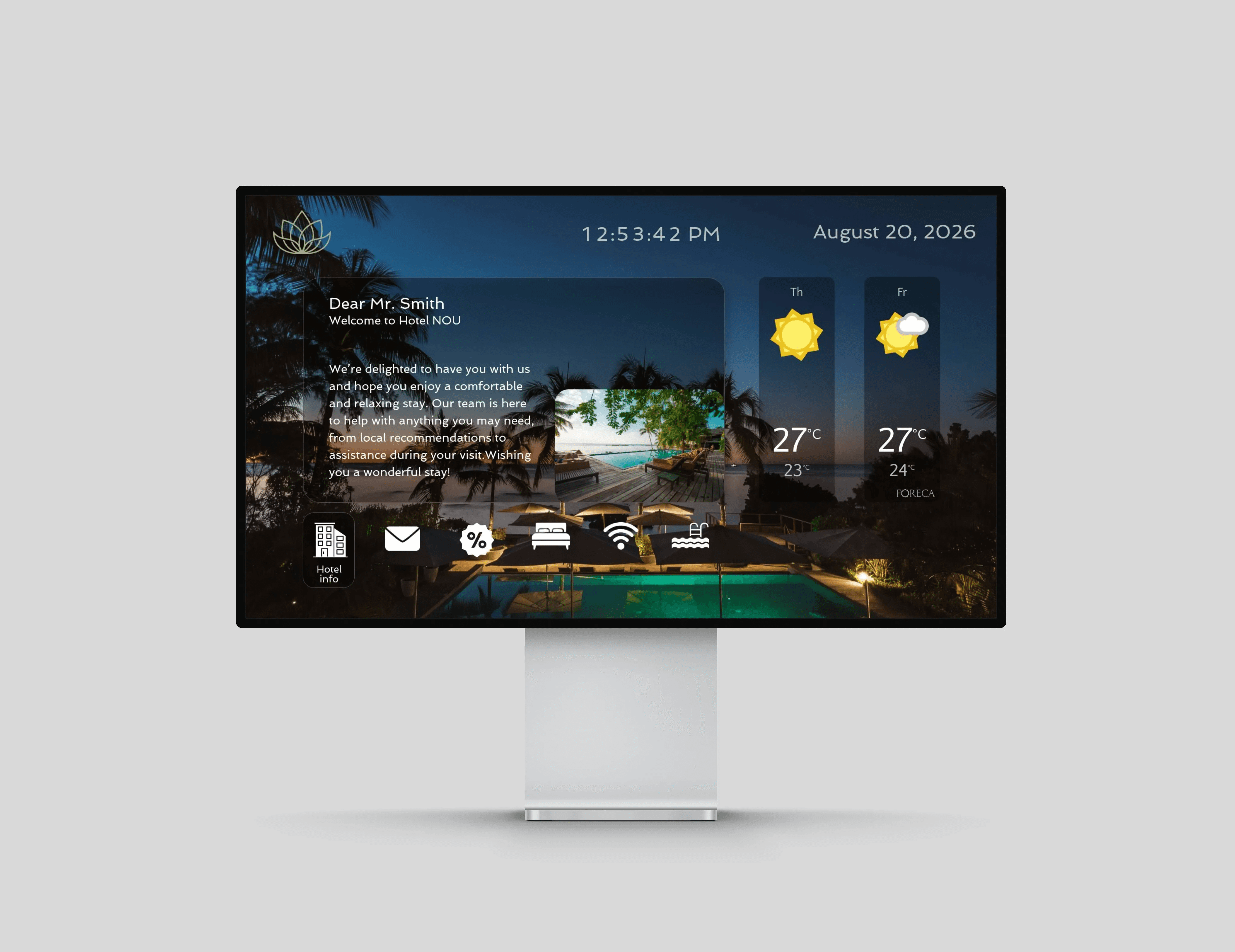 welcome screen displaying personalized guest information, weather and amenities for a convenient and welcoming stay.