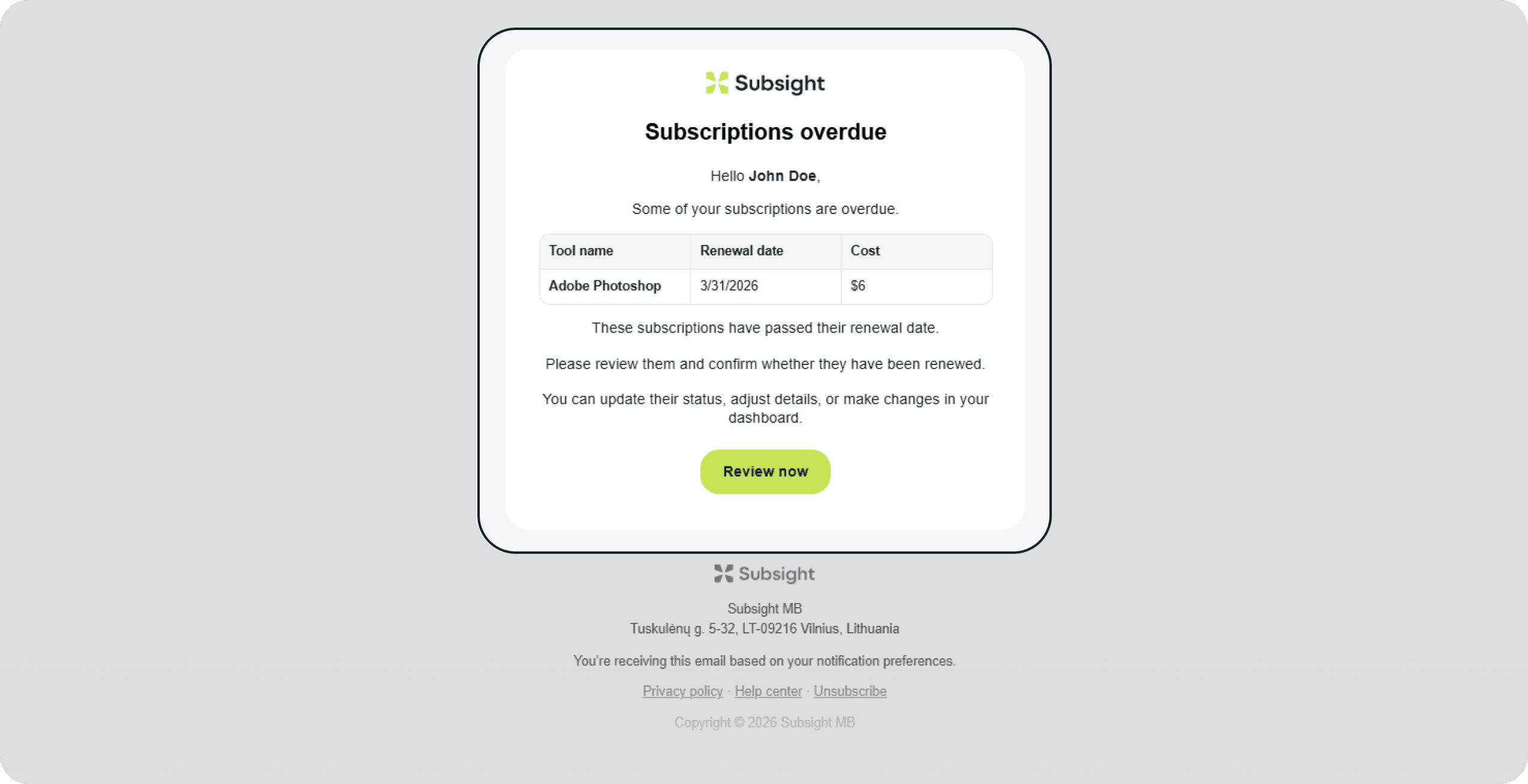 Subsight renewal reminder email showing upcoming subscription alert with renewal date.