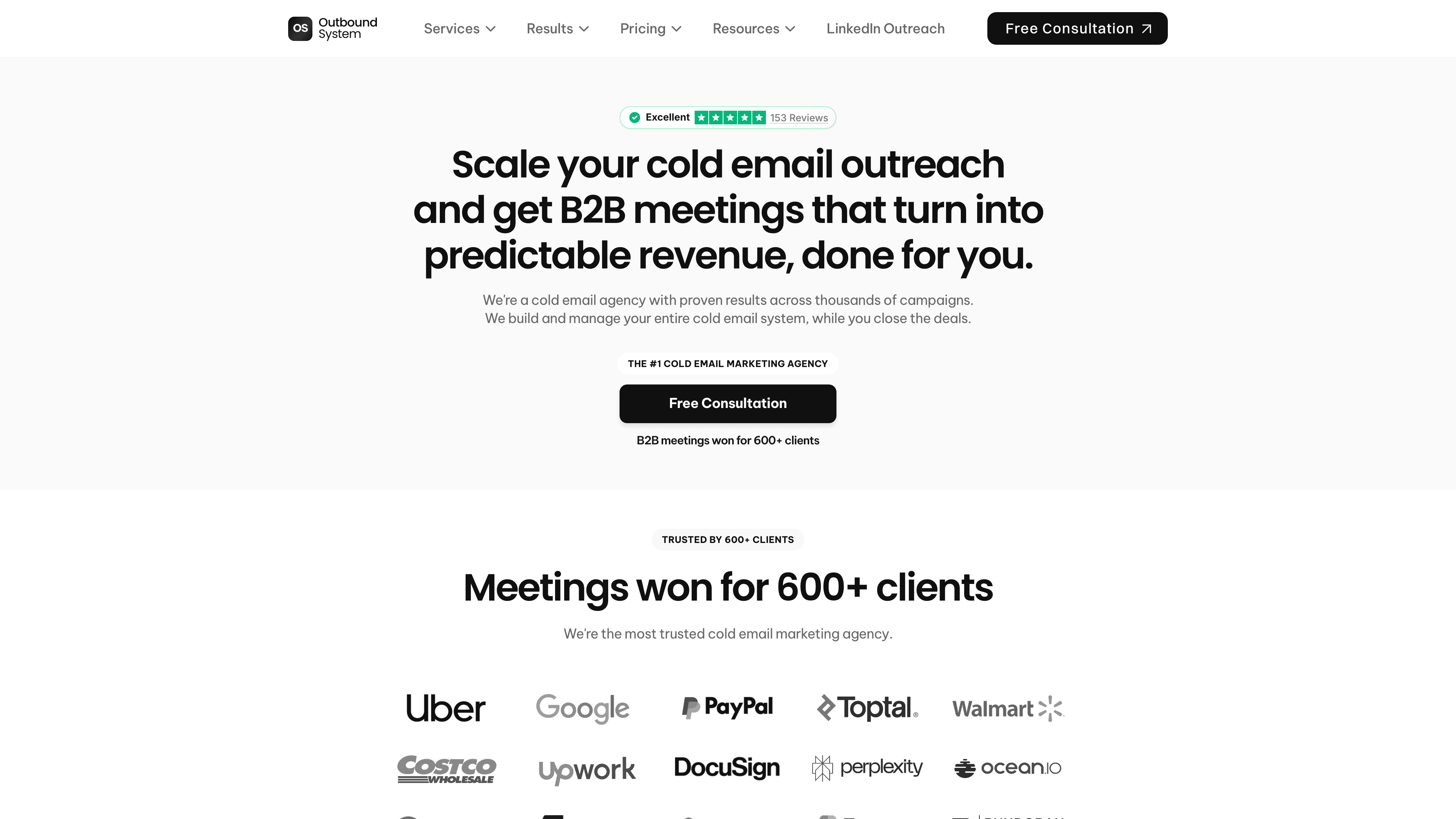 Outbound System homepage featuring unified inbox, Microsoft infrastructure, and transparent pricing