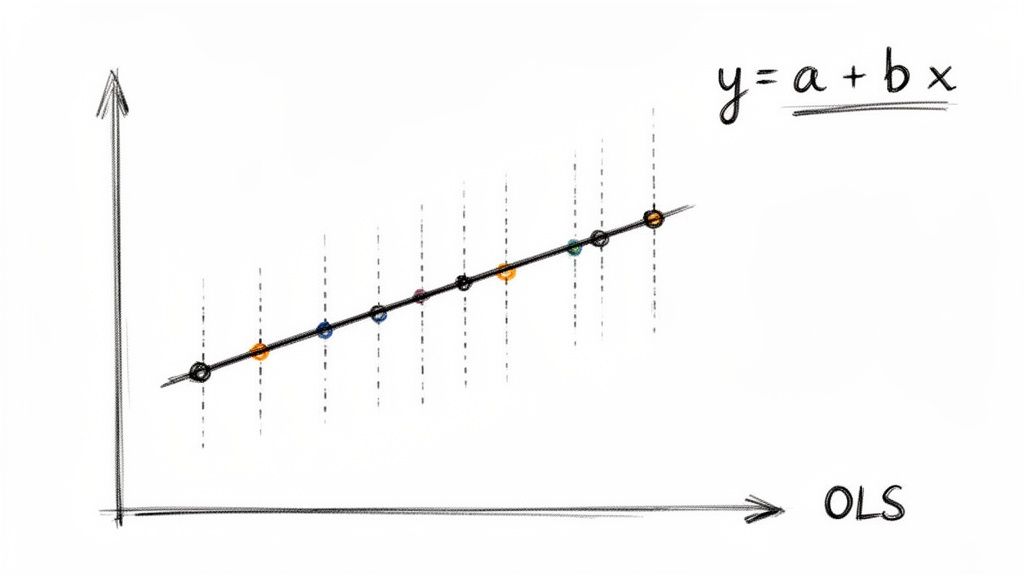 Hand-drawn linear regression plot with scattered data points, a fitted line (y=a+bx), and vertical residual lines, illustrating the OLS concept.